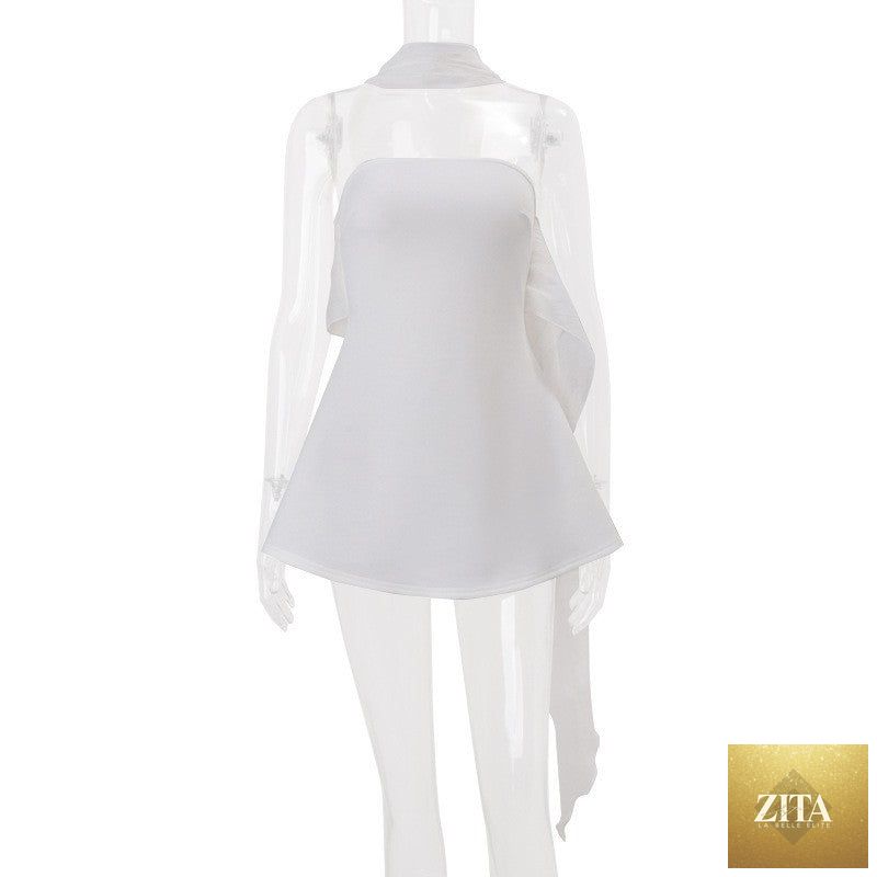 Women Clothing Autumn French Sexy Wind Ribbon Tube Top Solid Color Dress for Women