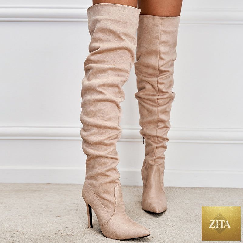 Zita La Belle Elite pointed-toe suede stiletto boots with high zipper, European and American chic style, stylish footwear.