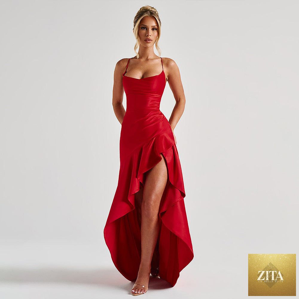 Elegant satin long women’s evening dress with suspenders, ruffle details, and high slit, perfect for club and formal occasions.