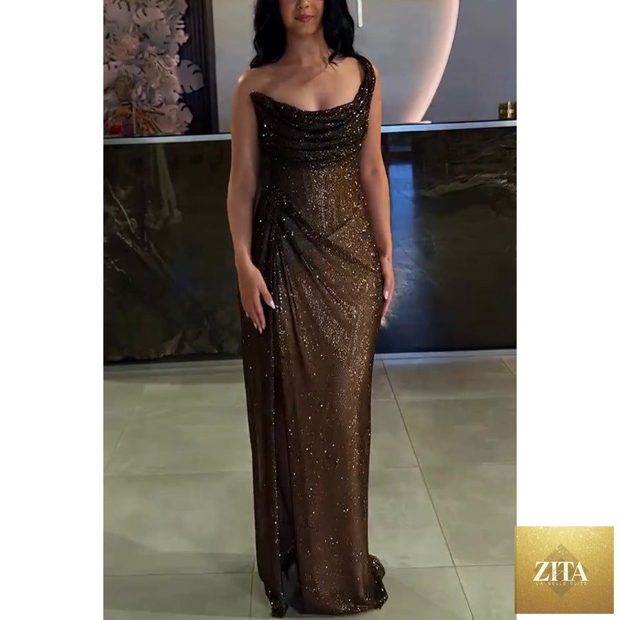 Elegant sleeveless satin slip dress by SHOMICOBOUTIQUE featuring off-the-shoulder design, bodycon fit, and solid color for chic style.