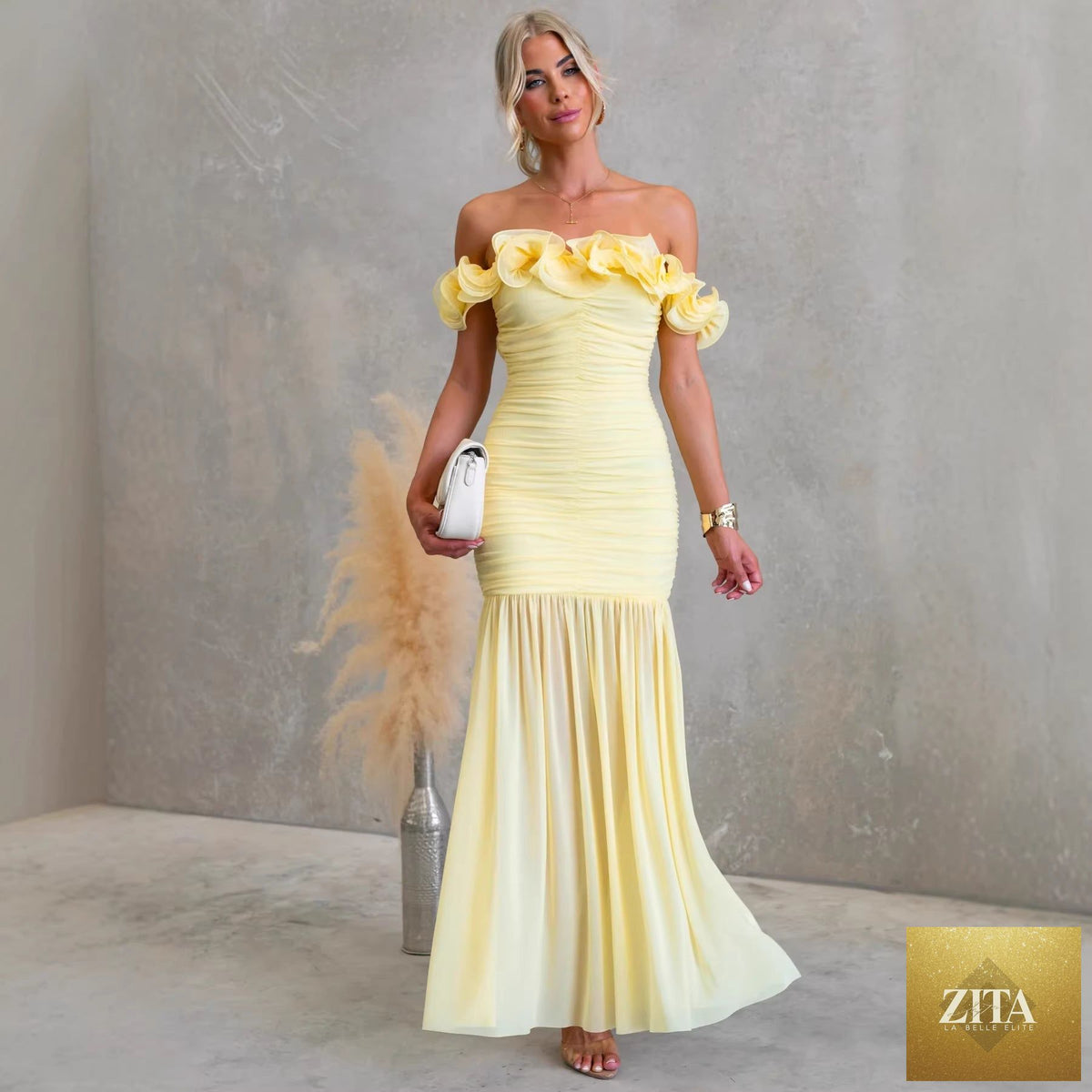 Bella Mia spring summer solid color mesh off-shoulder dress with slim fit, perfect for vacation and warm-weather wear.