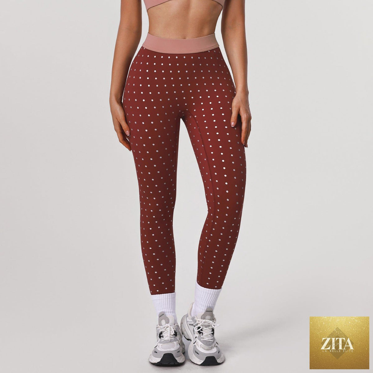 Nude high-elastic polka dot printed yoga leggings from Wanita Store, suitable for outdoor training, running, and hip raise exercises.