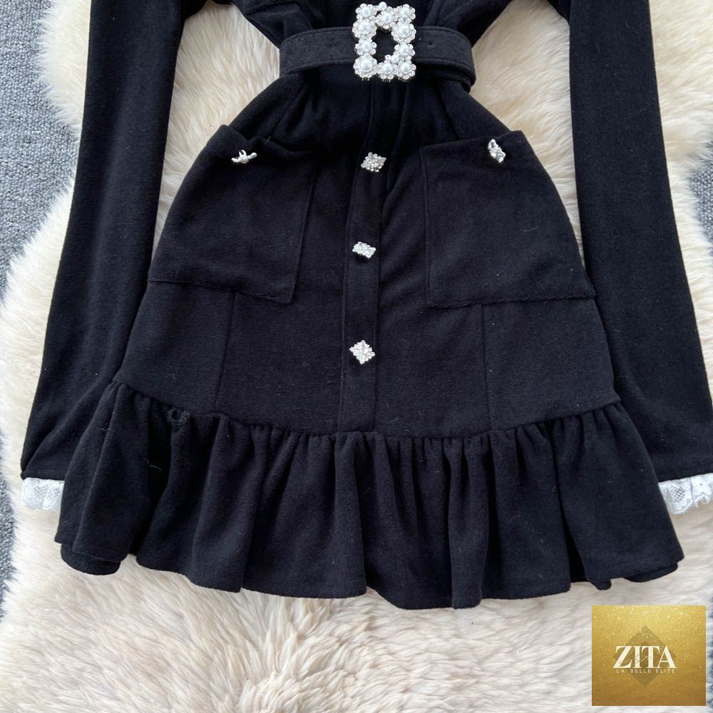 Black Pearl Buckle Lace Trim Dress by SHOMICOBOUTIQUE featuring a tie waist, peplum hem, and elegant cocktail shift style.