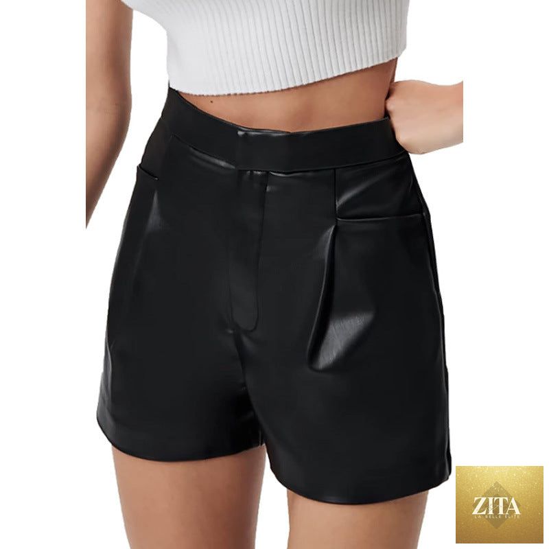 Women’s high waist faux leather shorts with belt and pockets, casual and sexy style, from Wanita Store