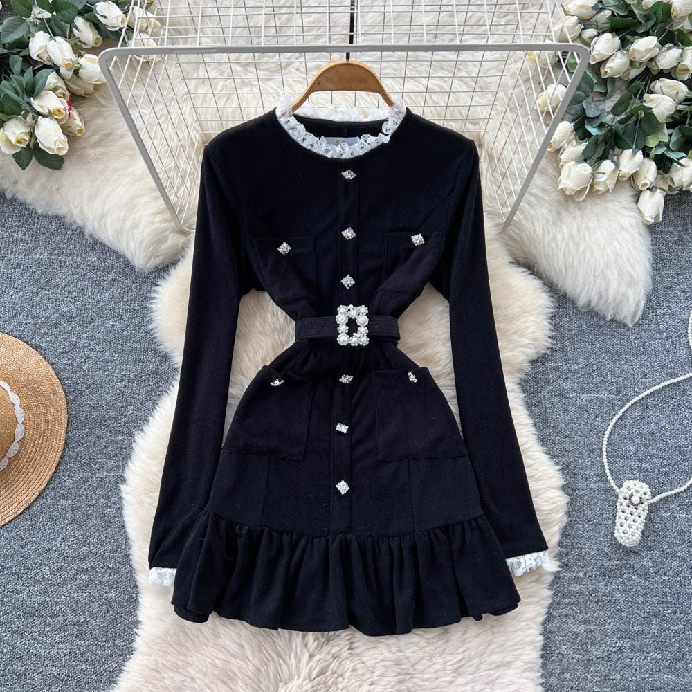 Black Pearl Buckle Lace Trim Dress by SHOMICOBOUTIQUE featuring a tie waist, peplum hem, and elegant cocktail shift style.