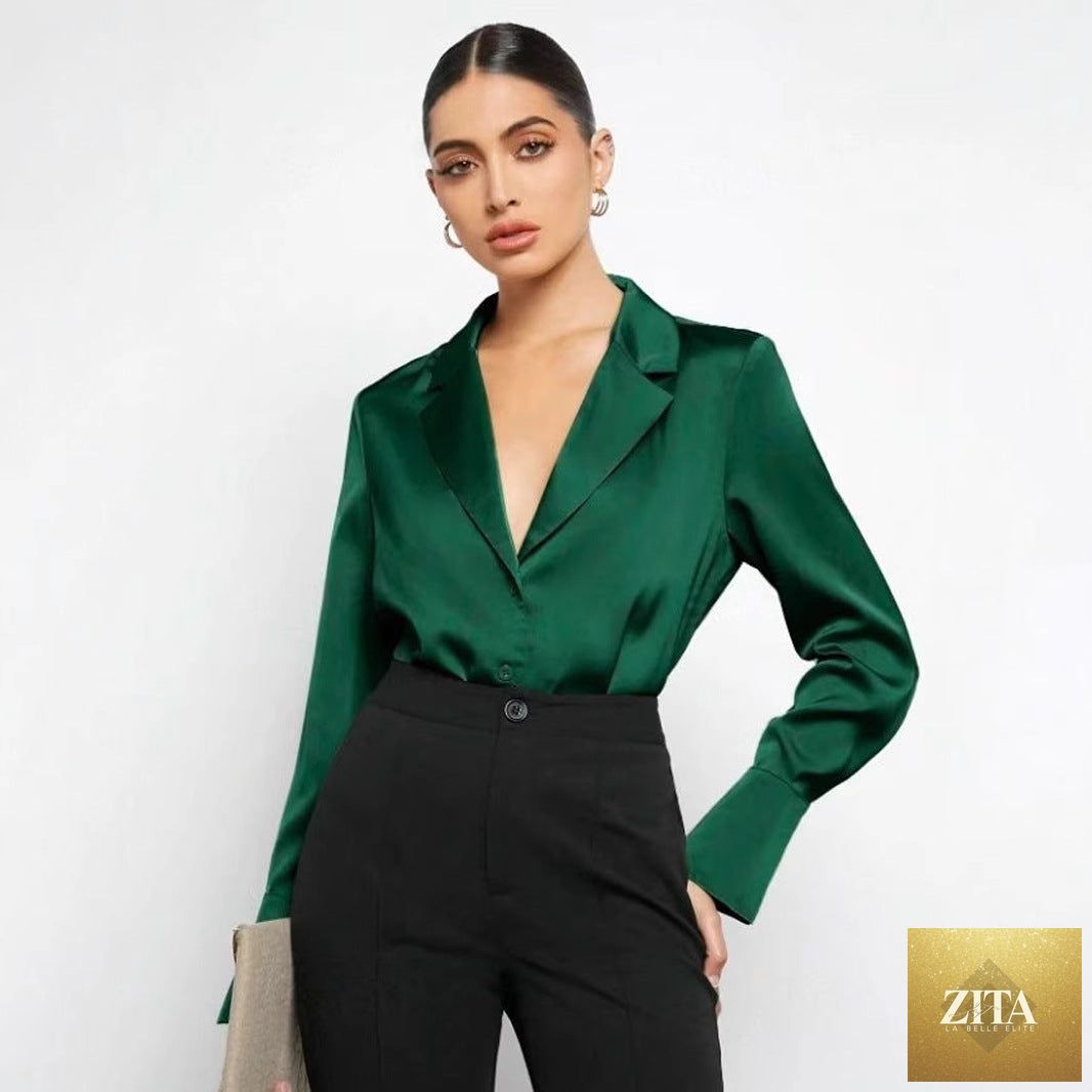 Bella Mia satin faux silk long sleeve shirt for women, minimalist spring summer top, lightweight and elegant fabric.