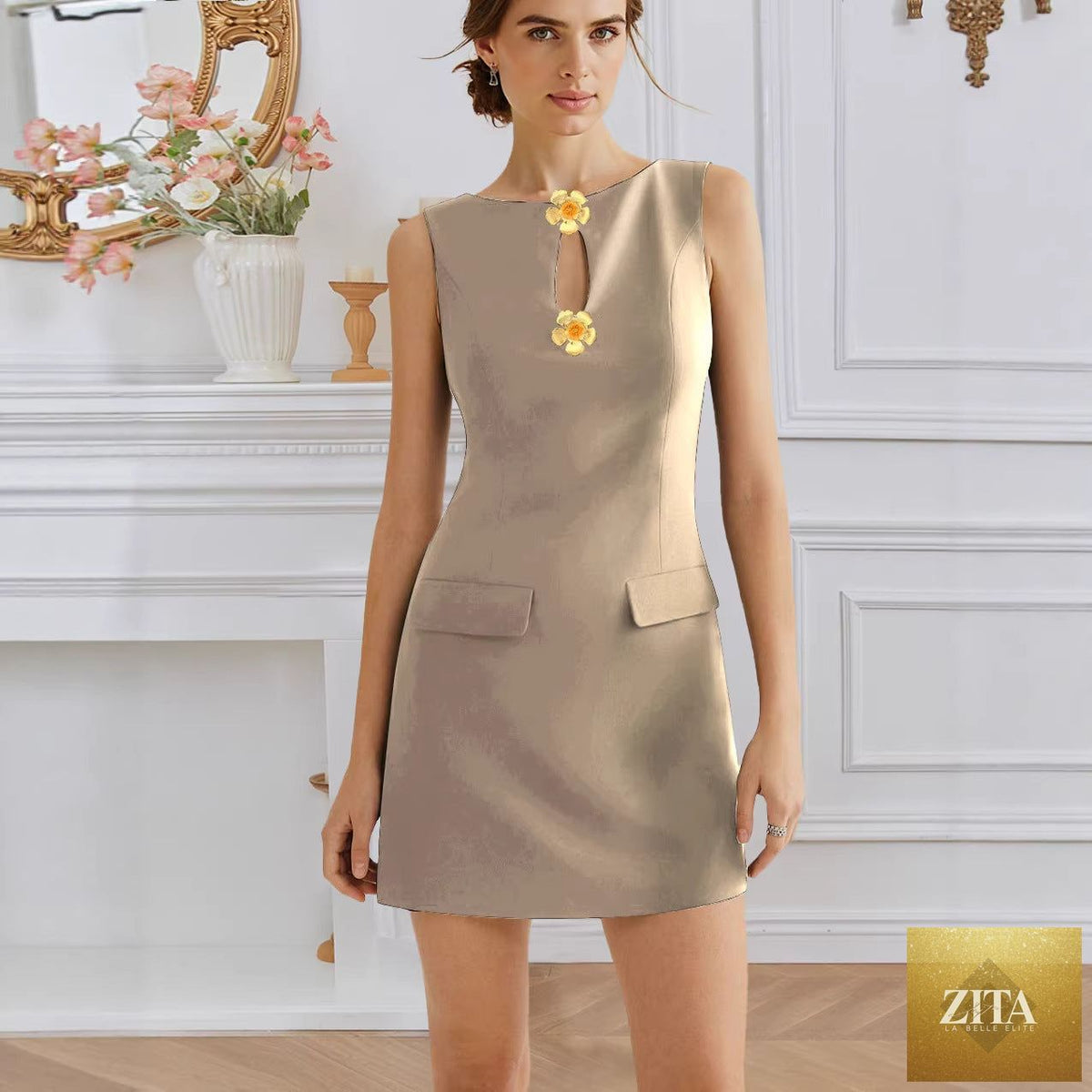 Elegant women's sleeveless dress with rose front buttons, round neck, and waist trimming, by Bella Mia.