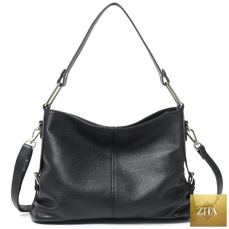 Elegant genuine leather handbag by SHOMICOBOUTIQUE featuring a stylish hobo and crossbody tote design with sleek craftsmanship.