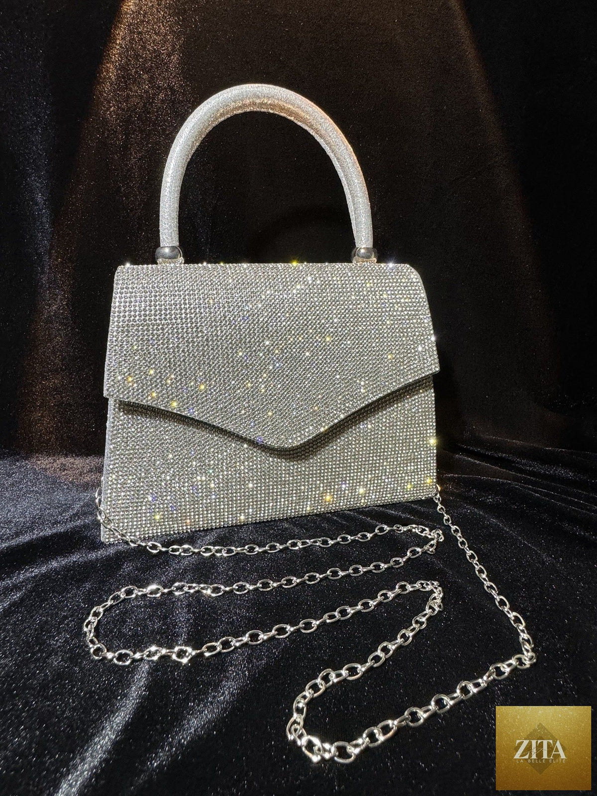 Silver rhinestone evening clutch purse for women, elegant dinner handbag with sparkling embellishments by SHOMICOBOUTIQUE