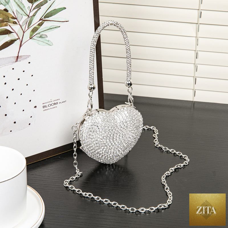Shomicoboutique rhinestone dinner bag with mini heart design, shiny small clutch for prom, wedding, or evening parties.