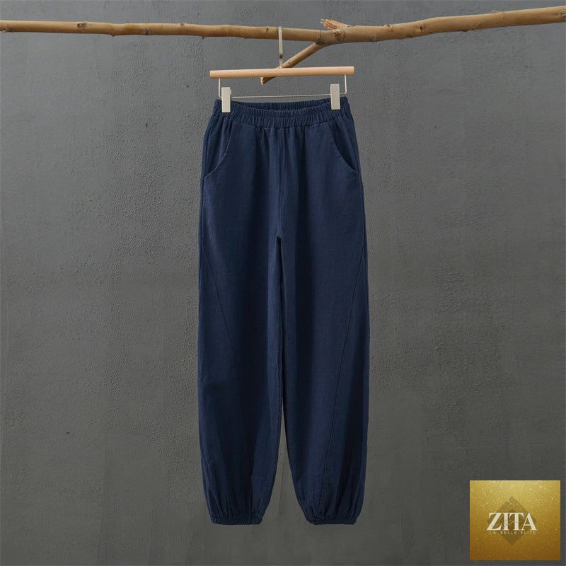 Women’s cotton linen casual trousers with stone wash finish, spring-summer fashion, made from ramie and bamboo fabric, Wanita Store.