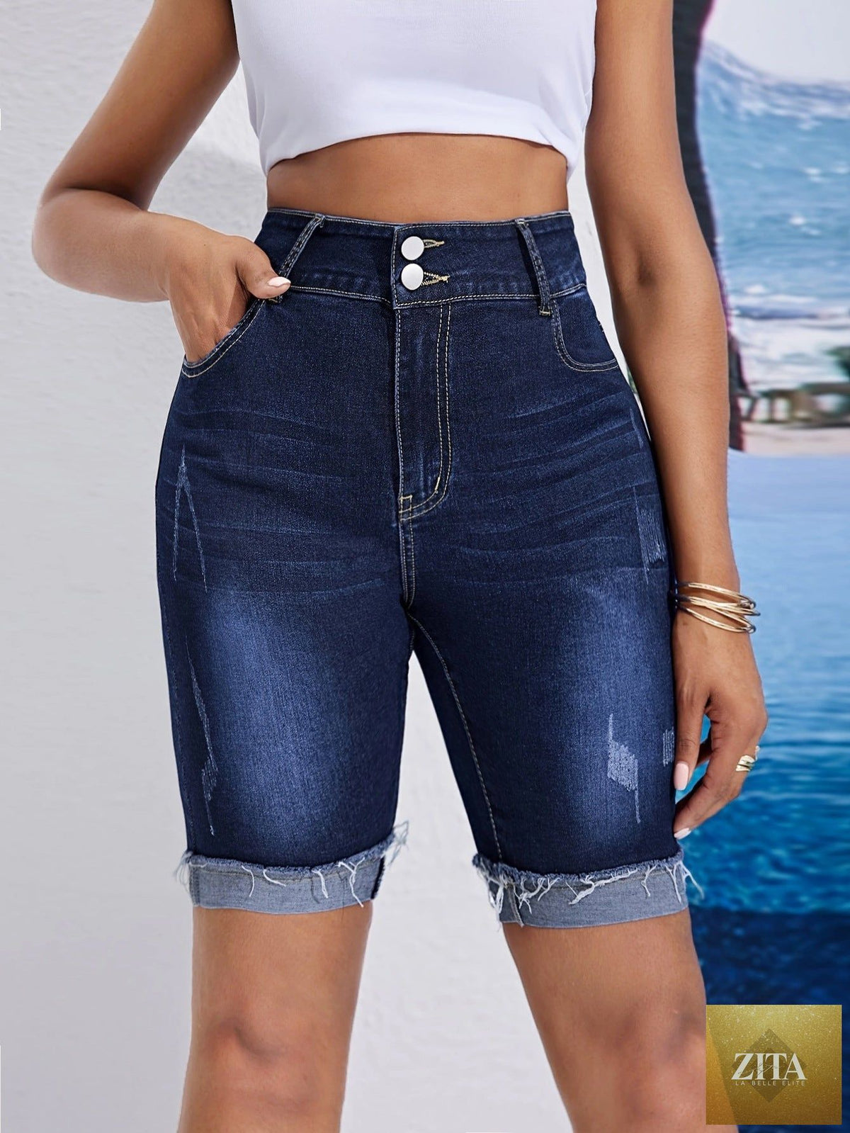 Ladies high waist double buckle denim shorts with curling stretch fabric, perfect for cycling and casual wear.