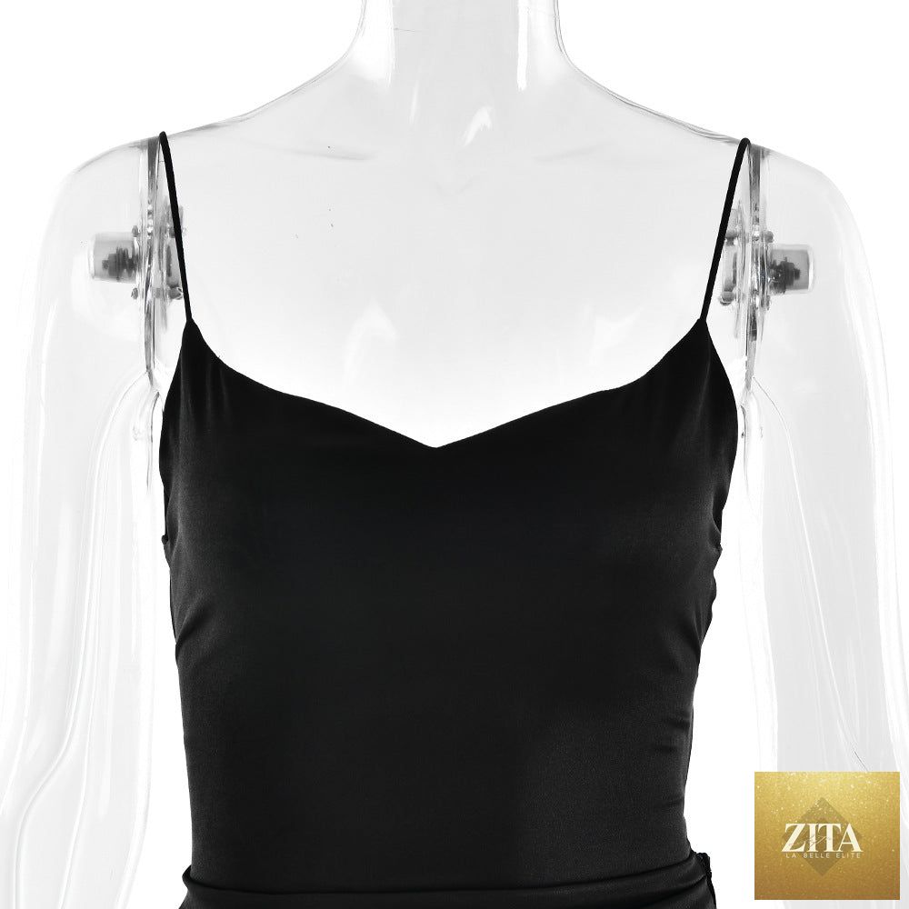 Elegant satin long women’s evening dress with suspender straps, ruffle details, and high slit for stylish clubwear.