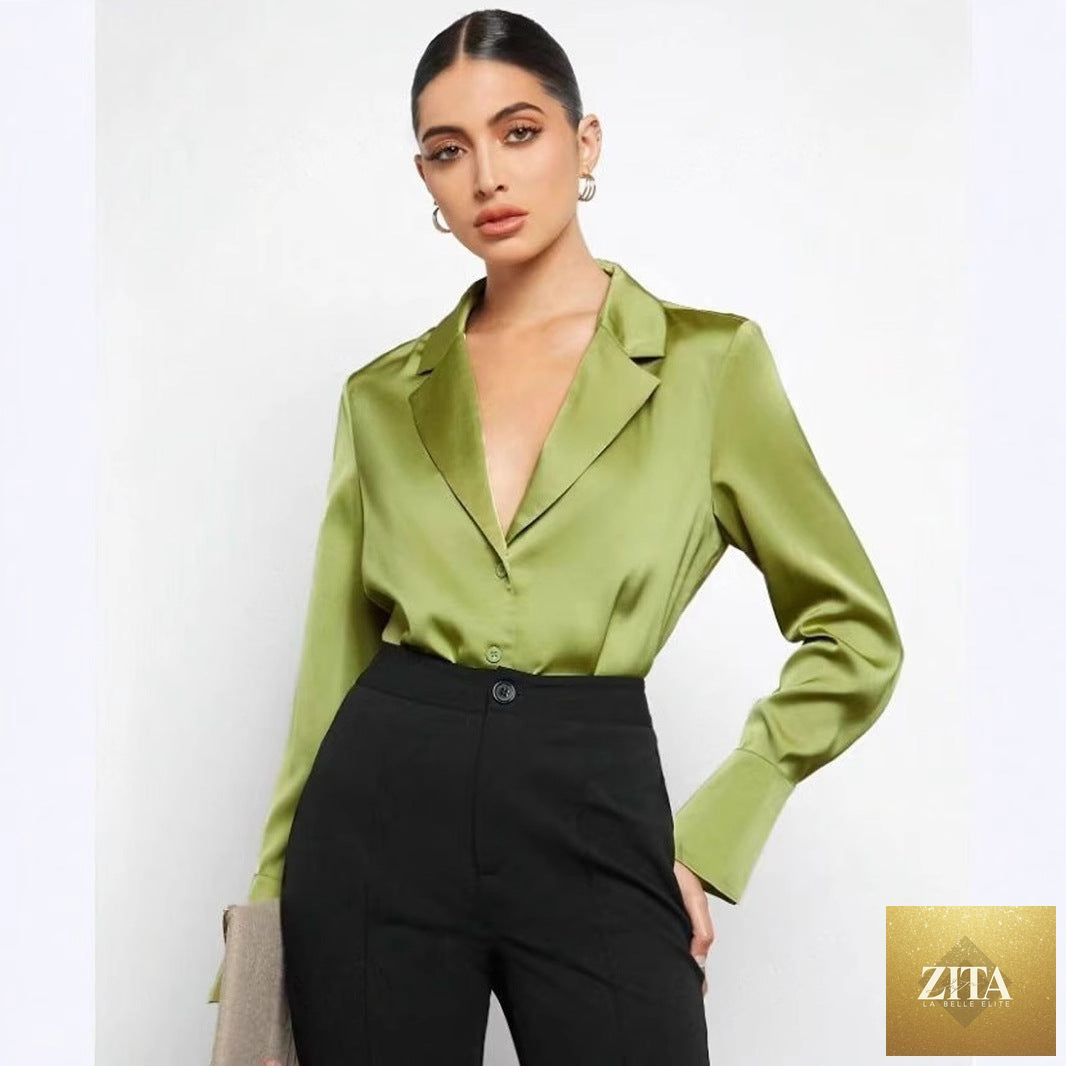 Bella Mia satin faux silk long sleeve shirt for women, minimalist spring-summer blouse with a sleek, elegant design.