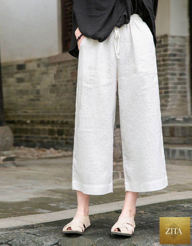 Women’s spring summer cotton linen wide-leg cropped pants with washed lace-up detail, casual straight fit, in natural fabric.
