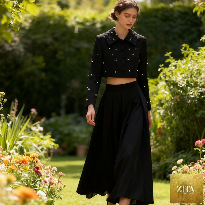 Spring elegant pleated slim maxi dress by Zita La Belle Elite, featuring solid color, beaded collar, long sleeves, and two-piece design.