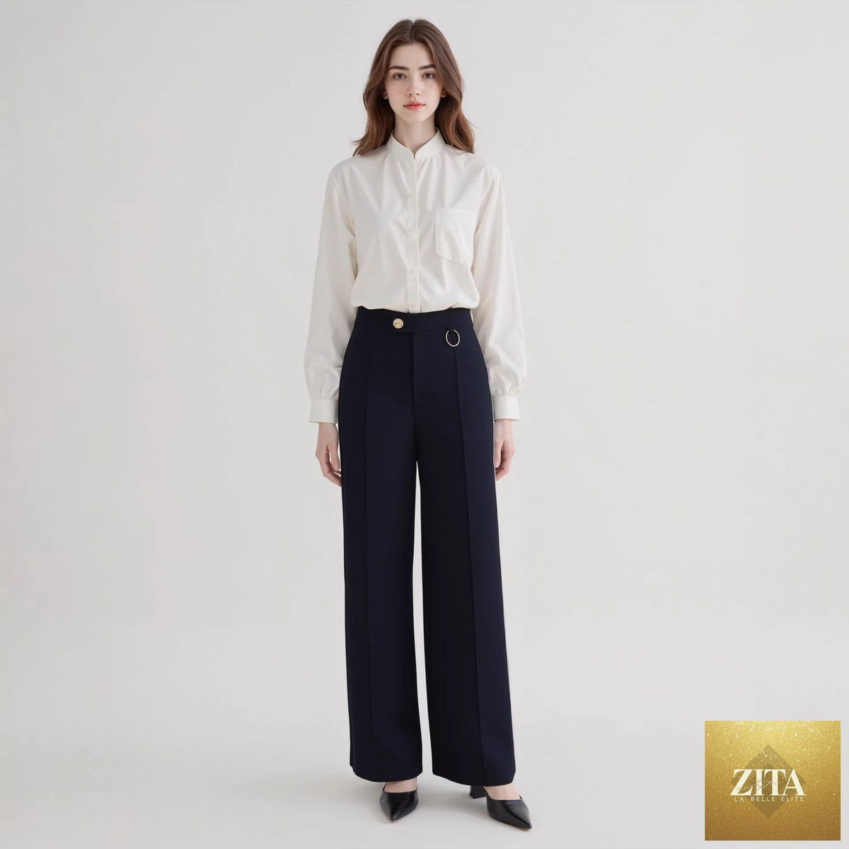 Elegant women’s Bella Mia office trousers with irregular waistline, micro elastic straight fit, suitable for work and casual wear.