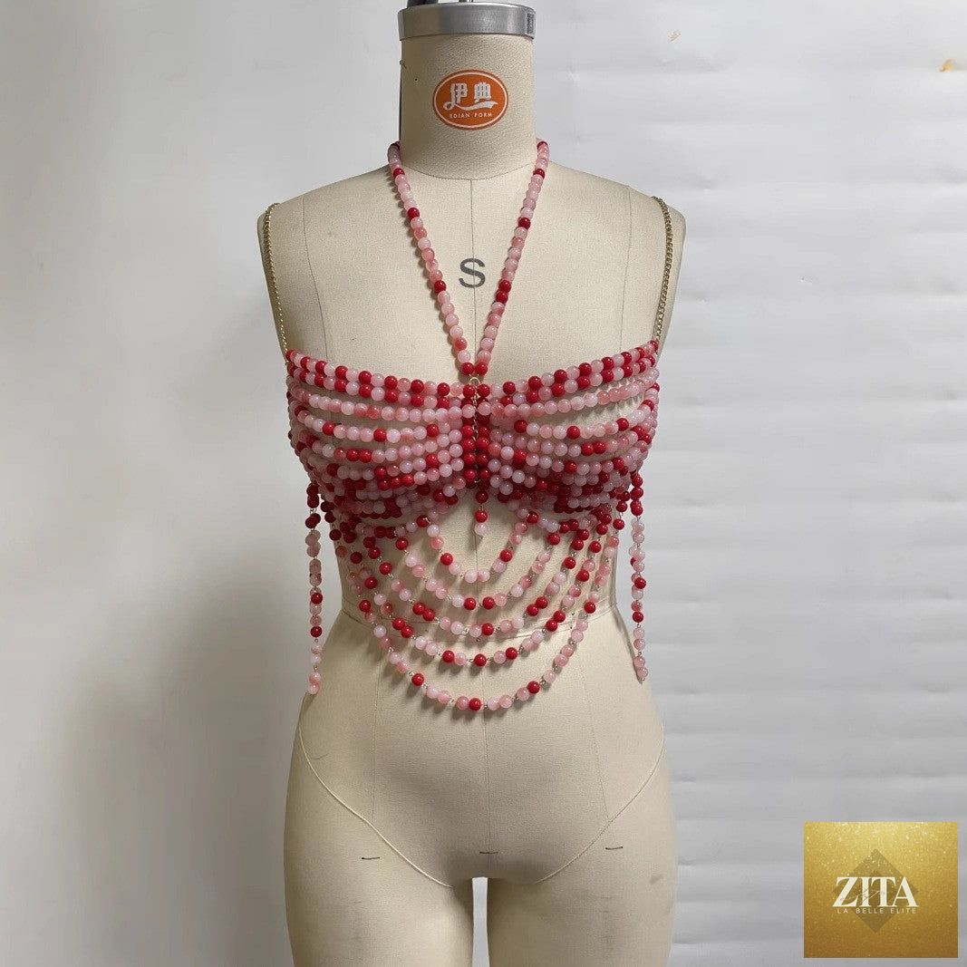 Backless halter camisole with multi-layer pearl accents and cutout design, stylish sexy bra by Wanita Store