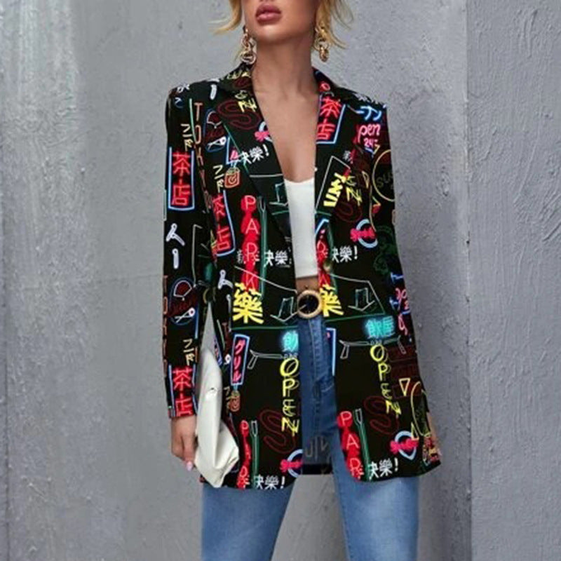 Printed slim fit mid-length jacket from nowadaysfashion, showcasing stylish design and tailored fit in a vibrant print.