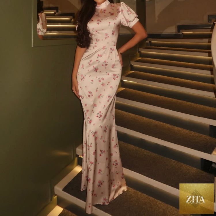 Elegant women printed sheath dress with stand collar, short sleeves, high waist, and cutout details, by Bella Mia.