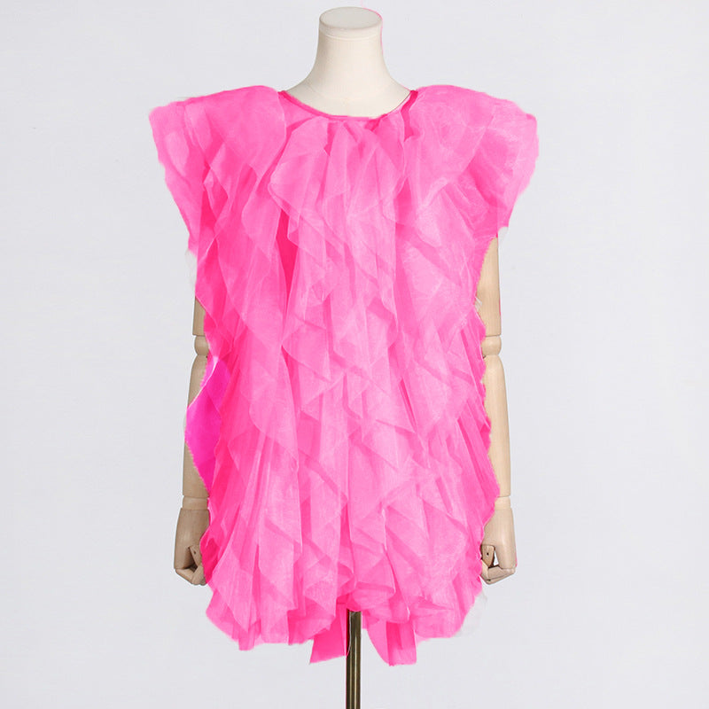 See-through organza sleeveless dress with asymmetric ruffled stitching, designed for women, by Ragazza.