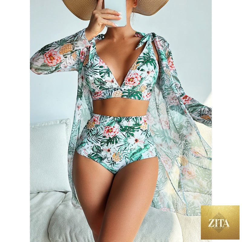 Bella Mia women's three-piece swimwear set featuring a sexy print bikini, long-sleeved blouse, and matching swim bottoms.