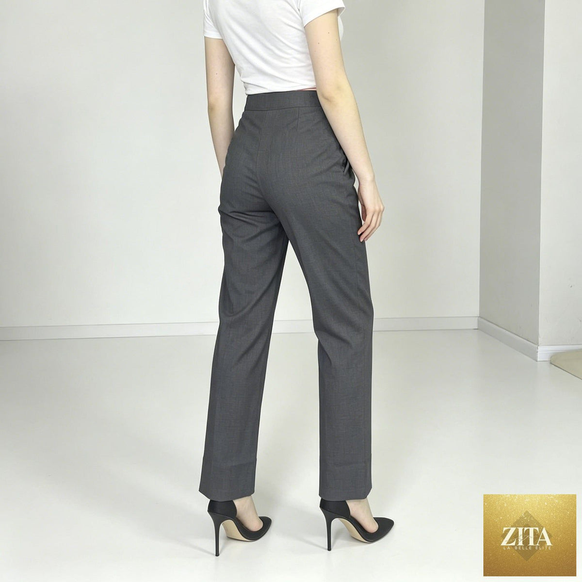 Elegant Bella Mia women’s casual office pants with stretch fabric, elastic waistband, and side pockets for a comfortable fit.