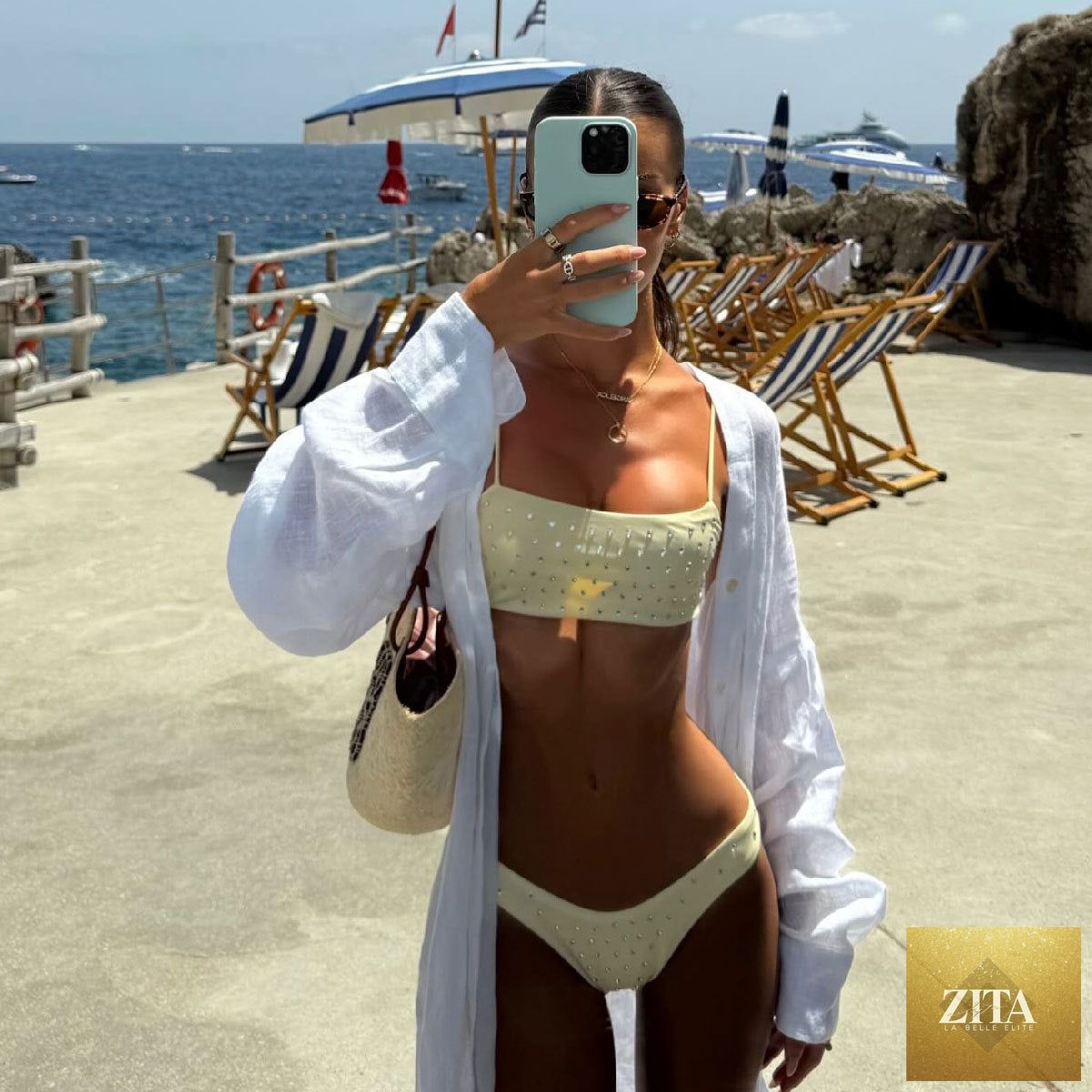 Bella Mia tube top bikini with diamond accents, solid color, low waist design, sexy split swimsuit for summer beachwear.