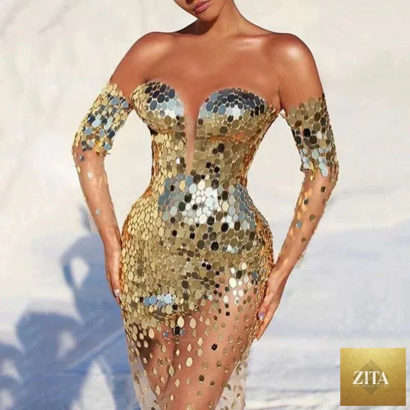 Women's silver long sleeve organza dress featuring a sexy, fashionable design with a flowing skirt by SMinvite, LLC.