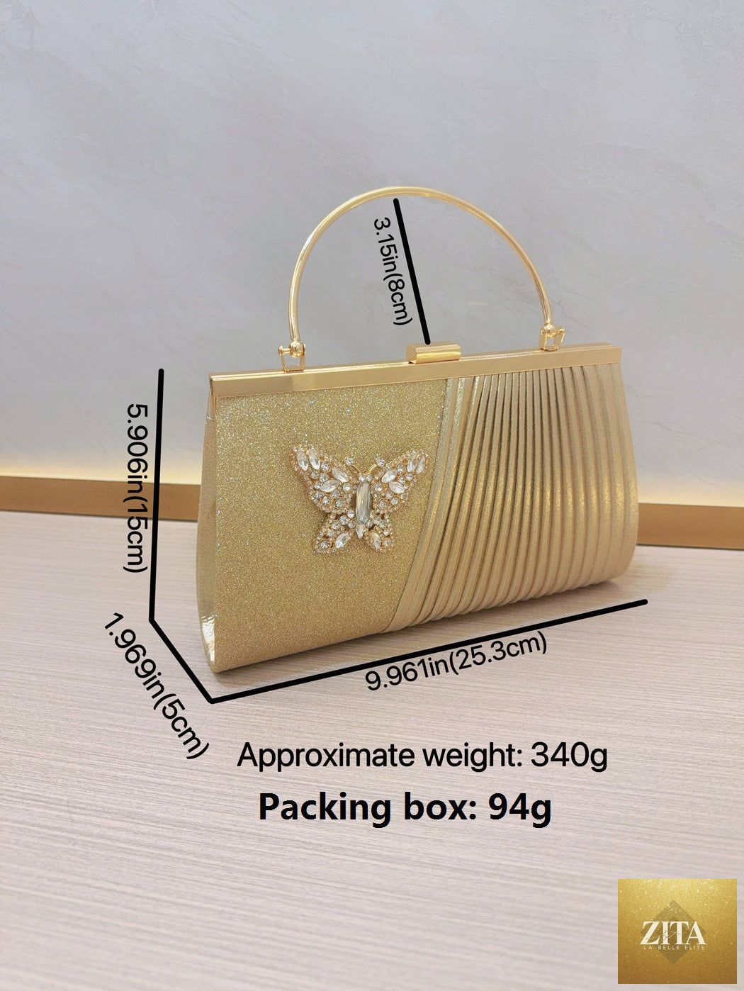 Elegant evening handbag and clutch by SHOMICOBOUTIQUE, with pleated design and diamond accents, perfect for wedding and dinner parties.