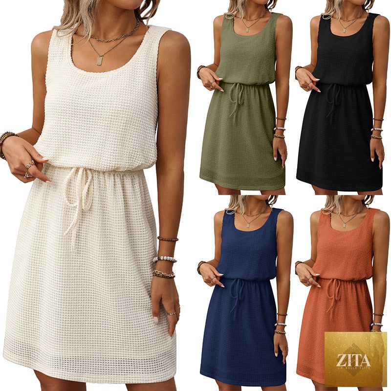 Summer square neck sleeveless vest dress with drawstring, lined, by SHOMICOBOUTIQUE, shown on a model.