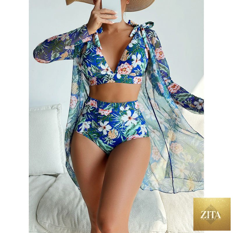 Sexy print bikini swimsuit three-piece set for women, featuring a long-sleeved blouse and stylish design by Bella Mia.