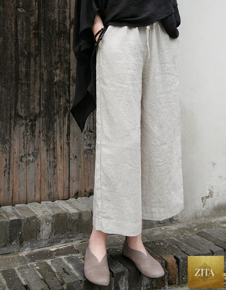 Women’s cotton linen cropped wide-leg pants with washed lace-up detail, perfect for spring and summer casual wear.