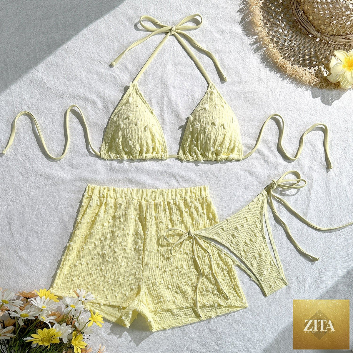 Sexy three-piece solid color bikini with halter top and lace-up design, perfect for women’s swimwear.