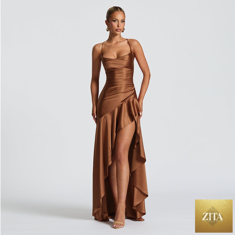 Elegant satin long women’s evening skirt with suspenders, ruffle details, and high slit, perfect for clubwear and stylish events.
