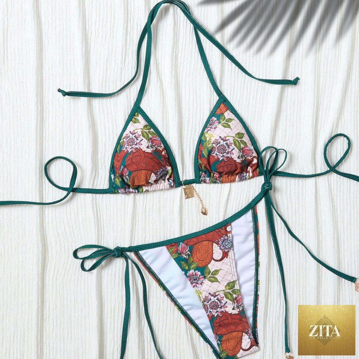 Female sexy split bikini swimsuit with fresh print and lace-up design, from SHOMICOBOUTIQUE, showcasing the vibrant print and stylish cut.