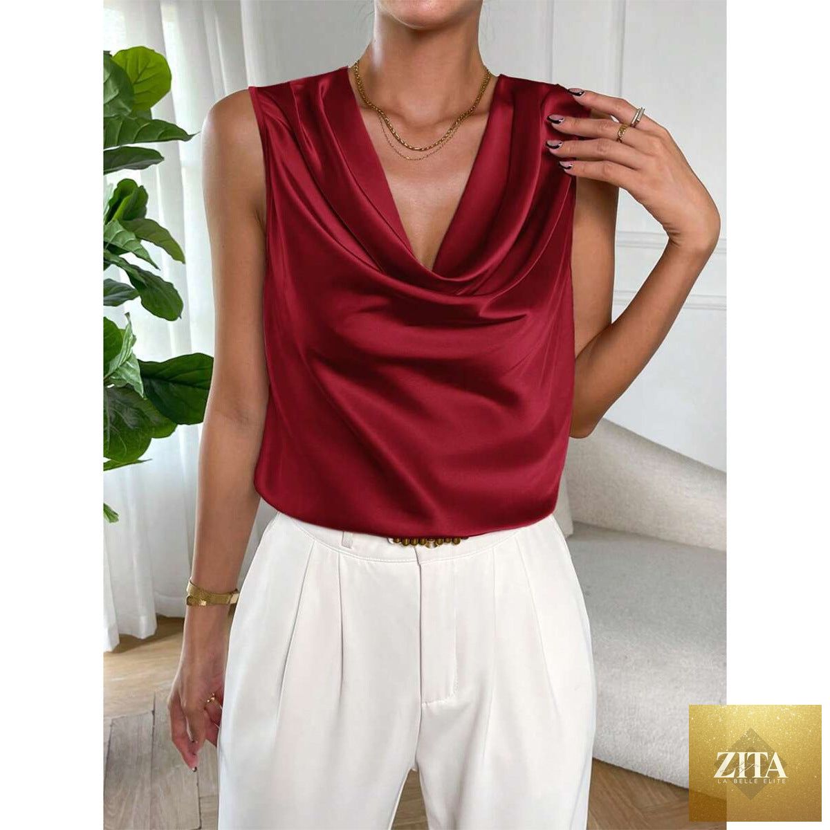 Women’s satin sleeveless shirt with pleated design and embellishments, made from faux silk, perfect for spring and summer wear.