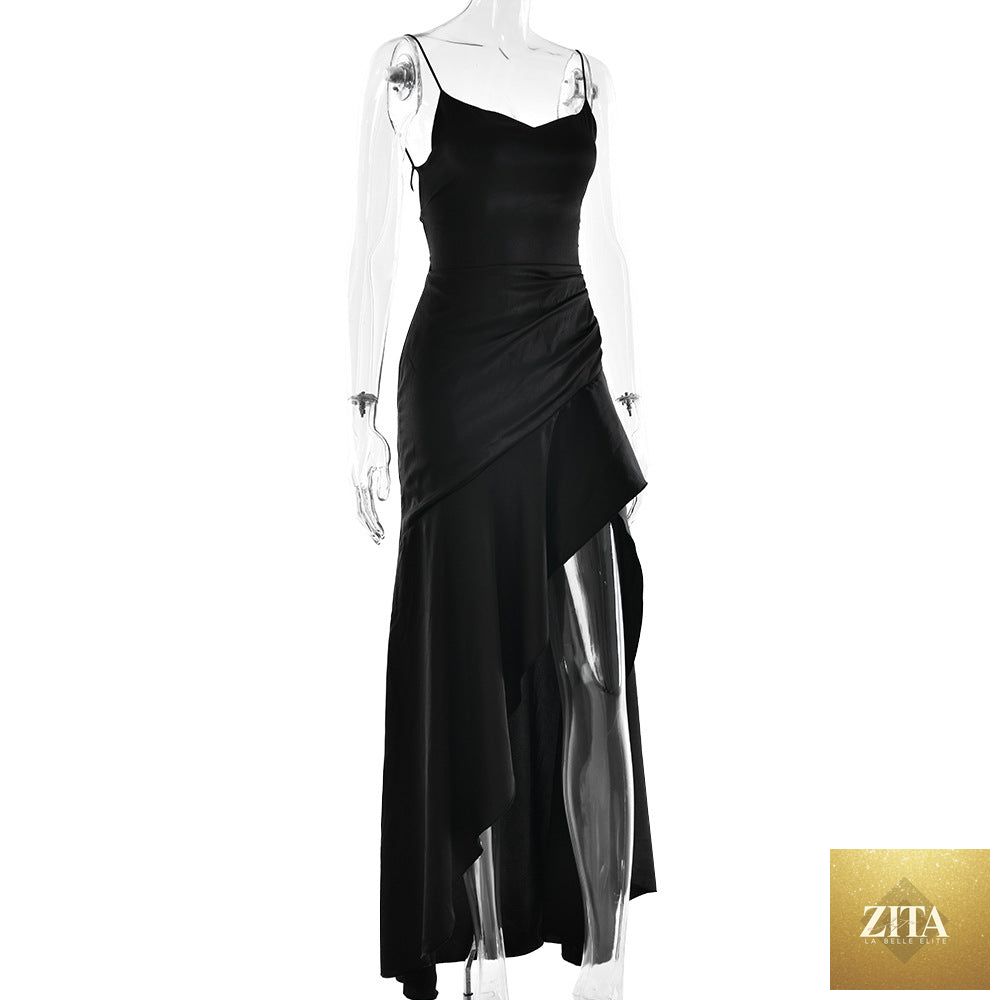 Elegant satin long women’s evening skirt with suspenders, ruffle details, high slit, suitable for club wear by Trendy Attic Store01.