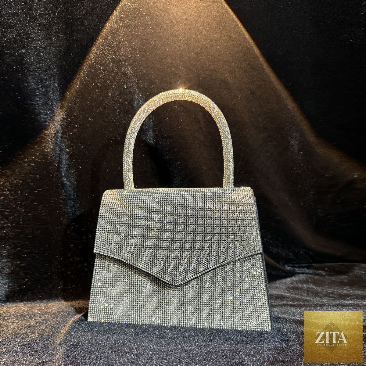 Silver rhinestone evening clutch purse for women, elegant dinner handbag with sparkling embellishments, stylish and compact.