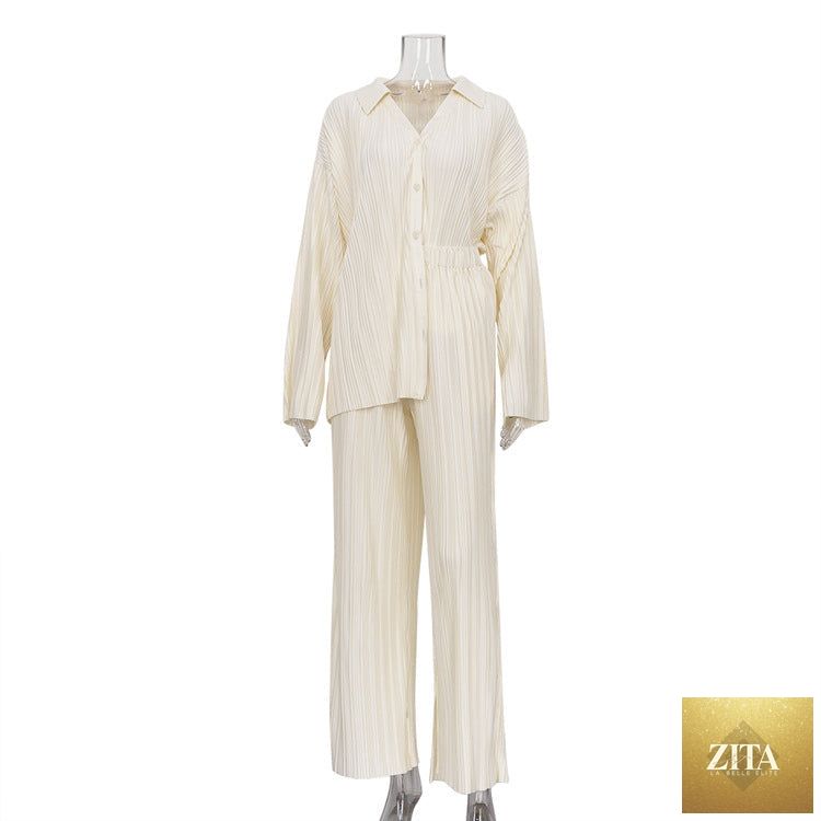 Autumn solid straight-leg pants and pleated shirt two-piece set for women, casual Western style from Wanita Store.