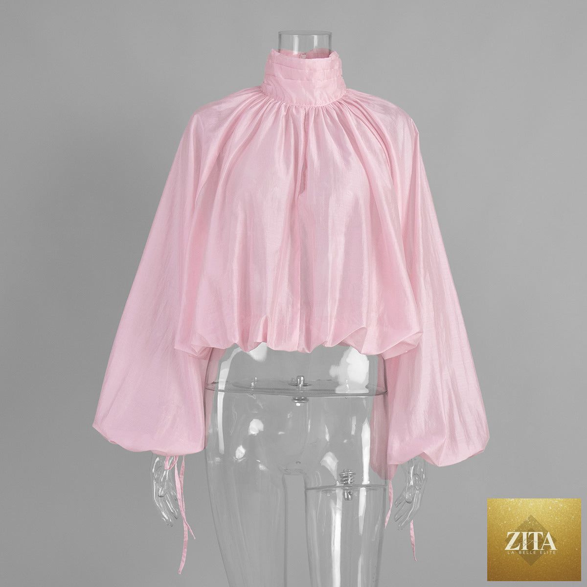 Semi-transparent lantern sleeve turtleneck long sleeve shirt with pleated design, perfect for spring and summer, by Wanita Store.