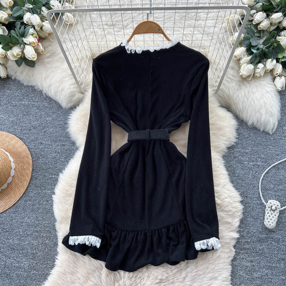 Black Pearl Buckle Lace Trim Dress by SHOMICOBOUTIQUE, elegant cocktail mini with tie waist and peplum hem.