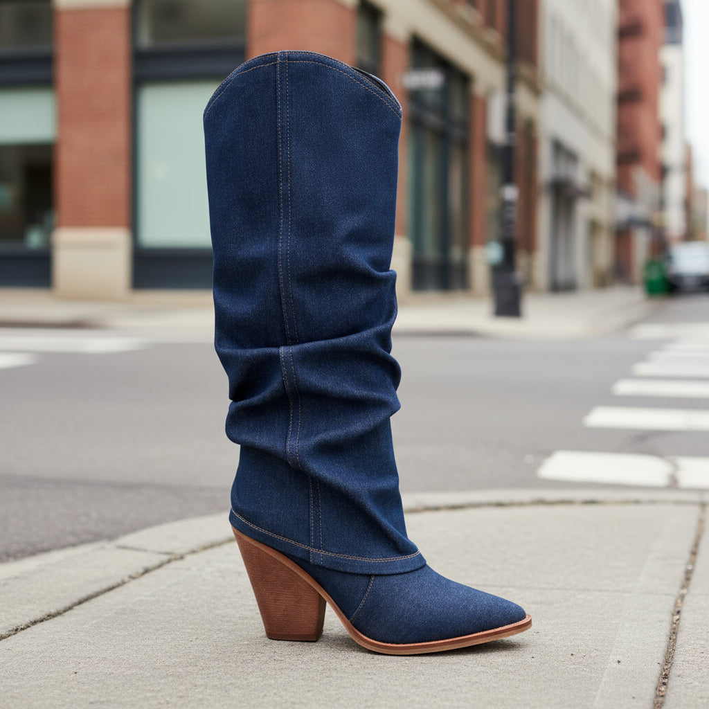 FitiqueFit vintage pointed-toe chunky heel high tube boots showcasing a stylish, bold footwear design with statement heels.