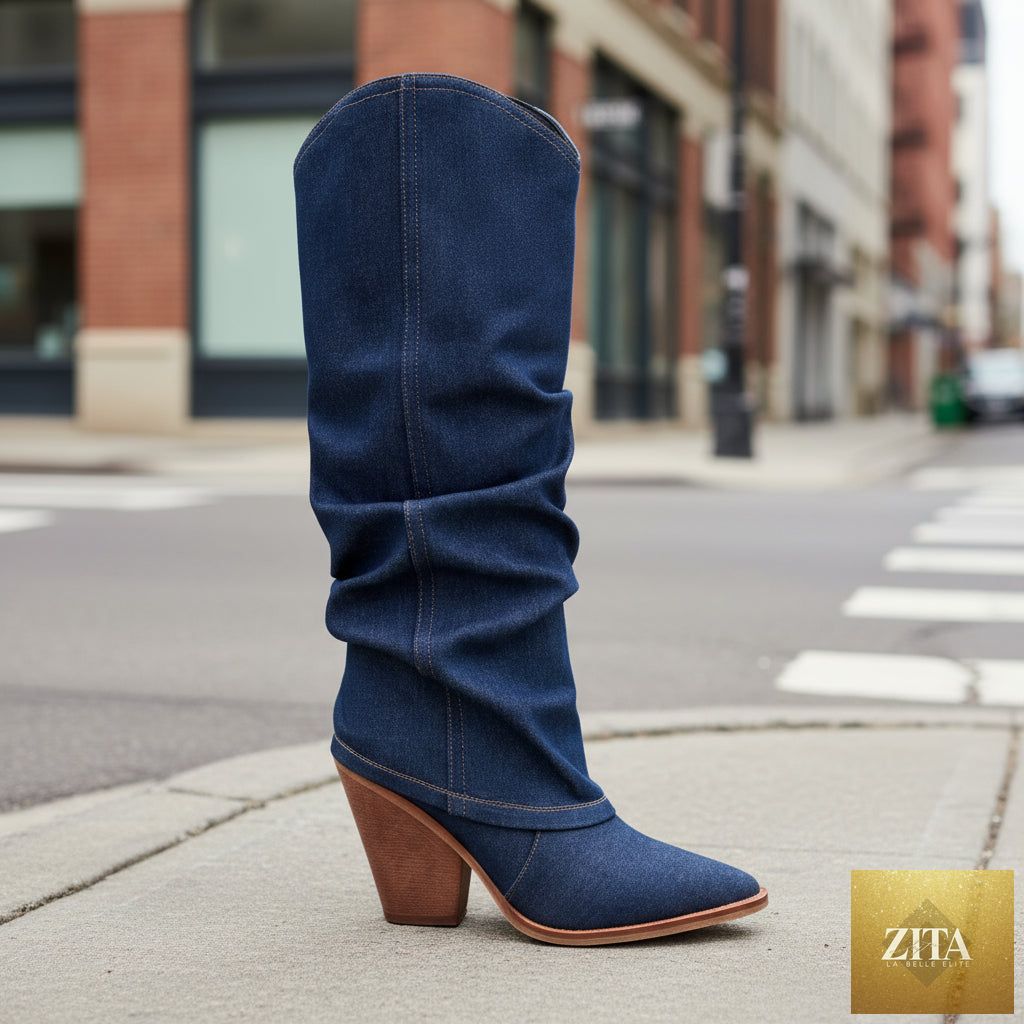 Zita La Belle Elite vintage pointed-toe chunky heel high tube boots, stylish footwear with bold statement heels.