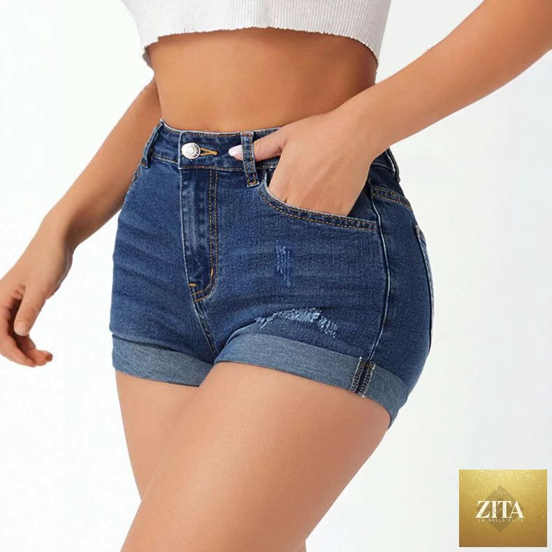 High waist elastic slim fit ripped jeans shorts for women, featuring distressed details and a trendy design from Wanita Store.