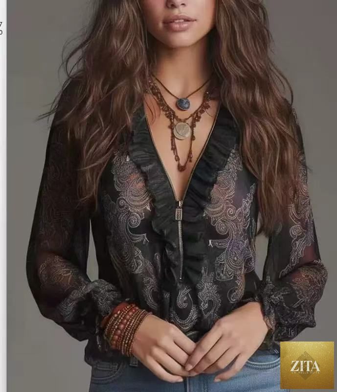 Romantic Boh deep V plunge neck chiffon shirt with paisley ruffles, featuring a flowy, stylish design in soft fabric.