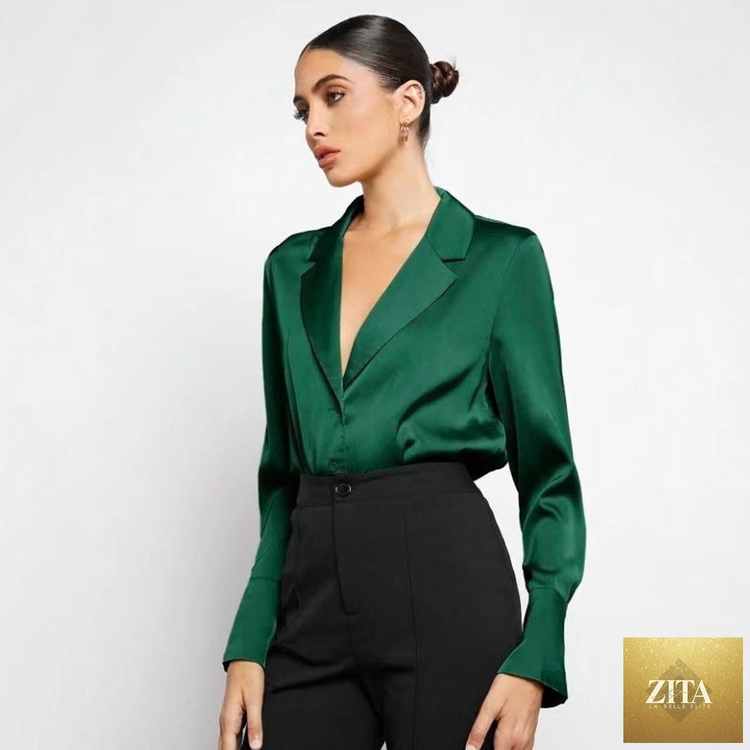 Bella Mia satin faux silk long sleeve shirt for women, minimalist spring summer top in soft, shiny fabric.