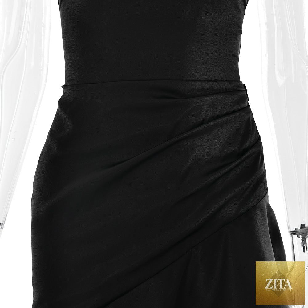 Elegant satin long women’s evening dress with suspender straps, ruffle details, high slit, perfect for club and evening occasions.