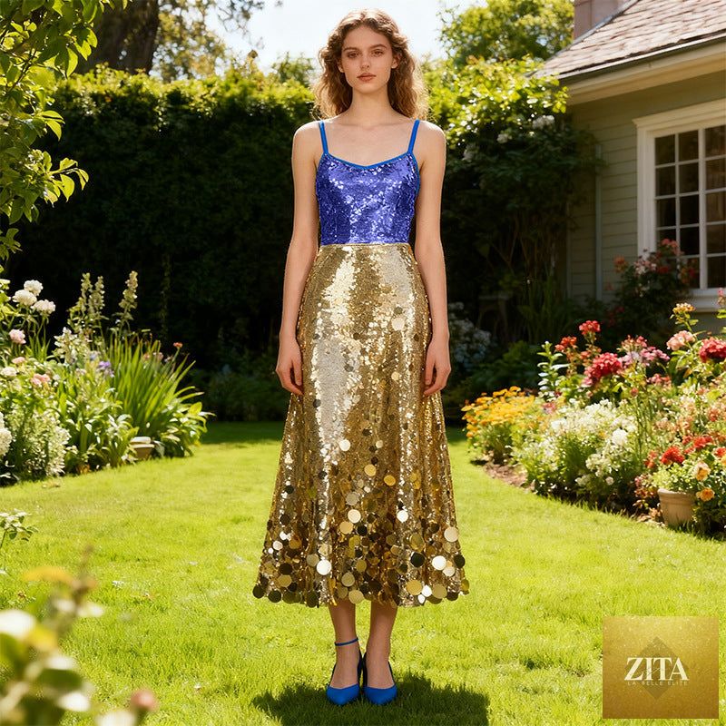Bella Mia sequined spring skirt with high waist, slimming fit, and versatile solid design, perfect for elegant occasions.