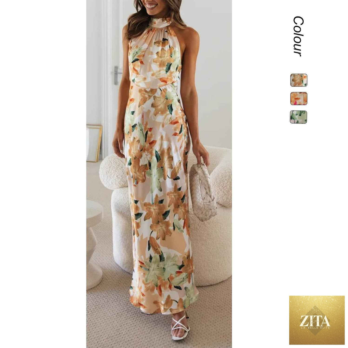 Elegant sleeveless satin summer dress by SHOMICOBOUTIQUE featuring a floral print, halter neck, and maxi length for casual or party wear.